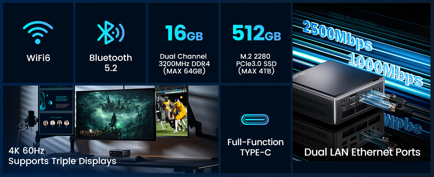 Product features including WiFi6, Bluetooth 5.2, storage capacities, and connectivity options.