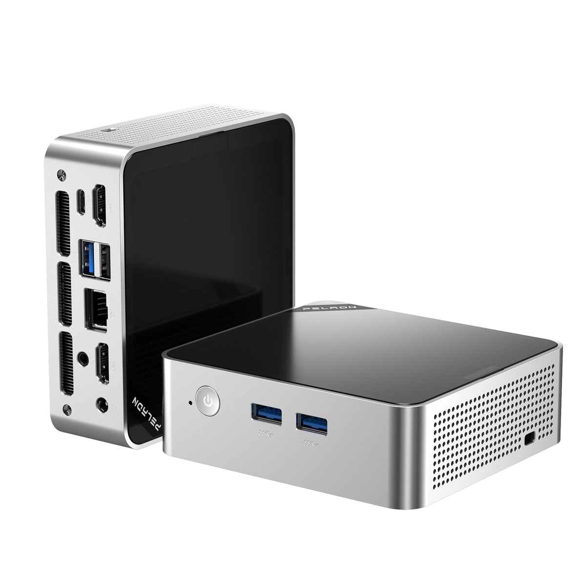 PELADN WO5 Mini PC with AMD Ryzen 3 4300U front and rear view