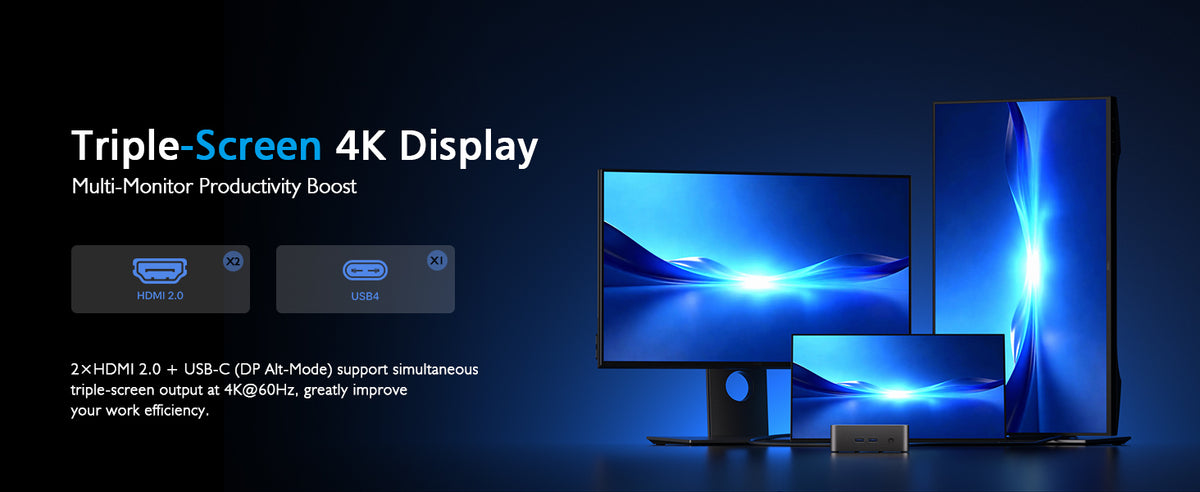 PELADN WO5 triple display Mini PC for office productivity and USB-C 4K display output