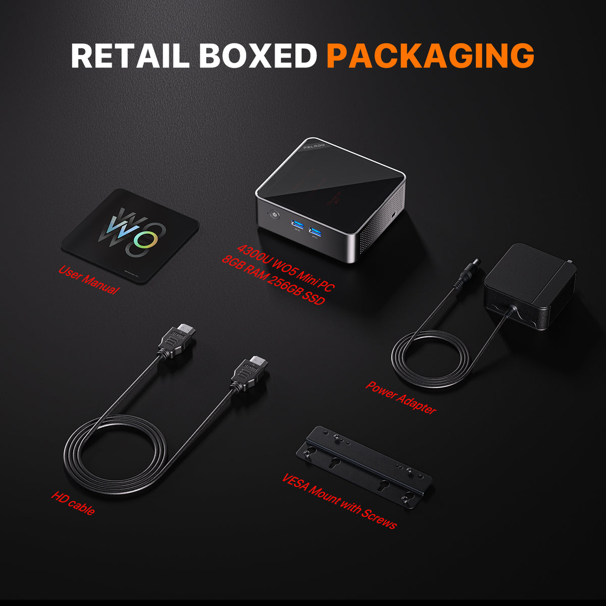 PELADN WO5 Mini PC package with HDMI cable, power adapter, VESA mount and user manual